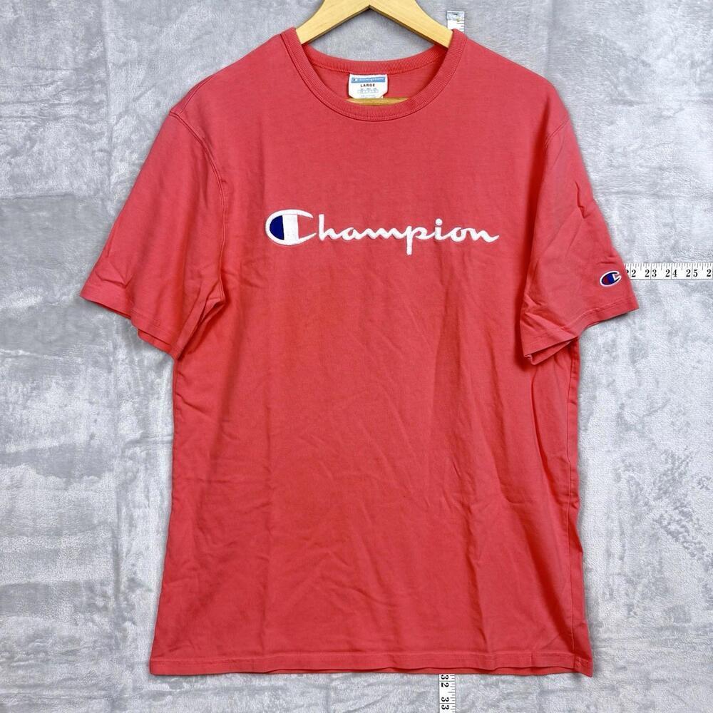Champion Script Logo T-Shirt Red Men Size Large Embroidered Spellout Tee Y2K